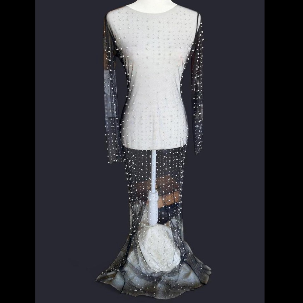 Sheer Black Crystal/ Pearl Embellished Long Sleeve Gown